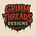 Grimm Threads Designs logo with red and black text on a beige background