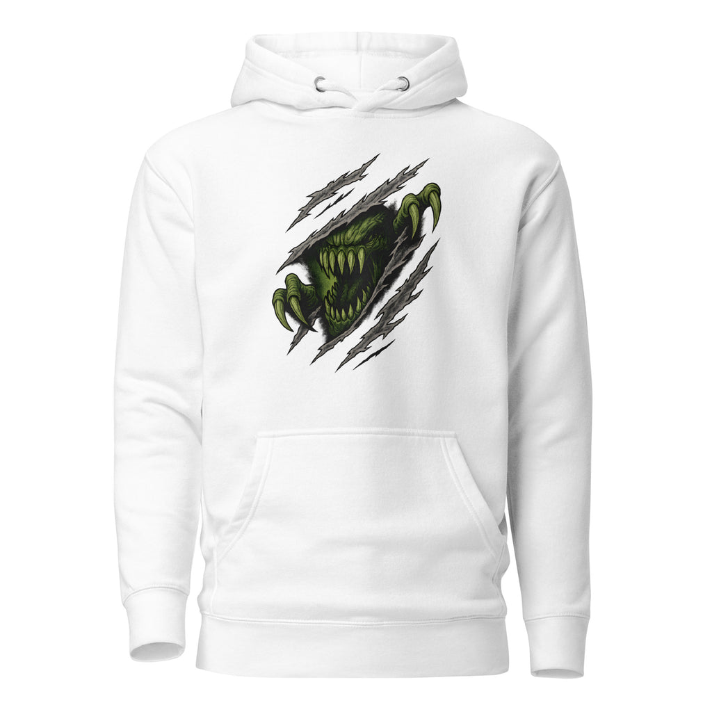 White hoodie with green monster claw and scratch design — horror streetwear pullover for men and women.