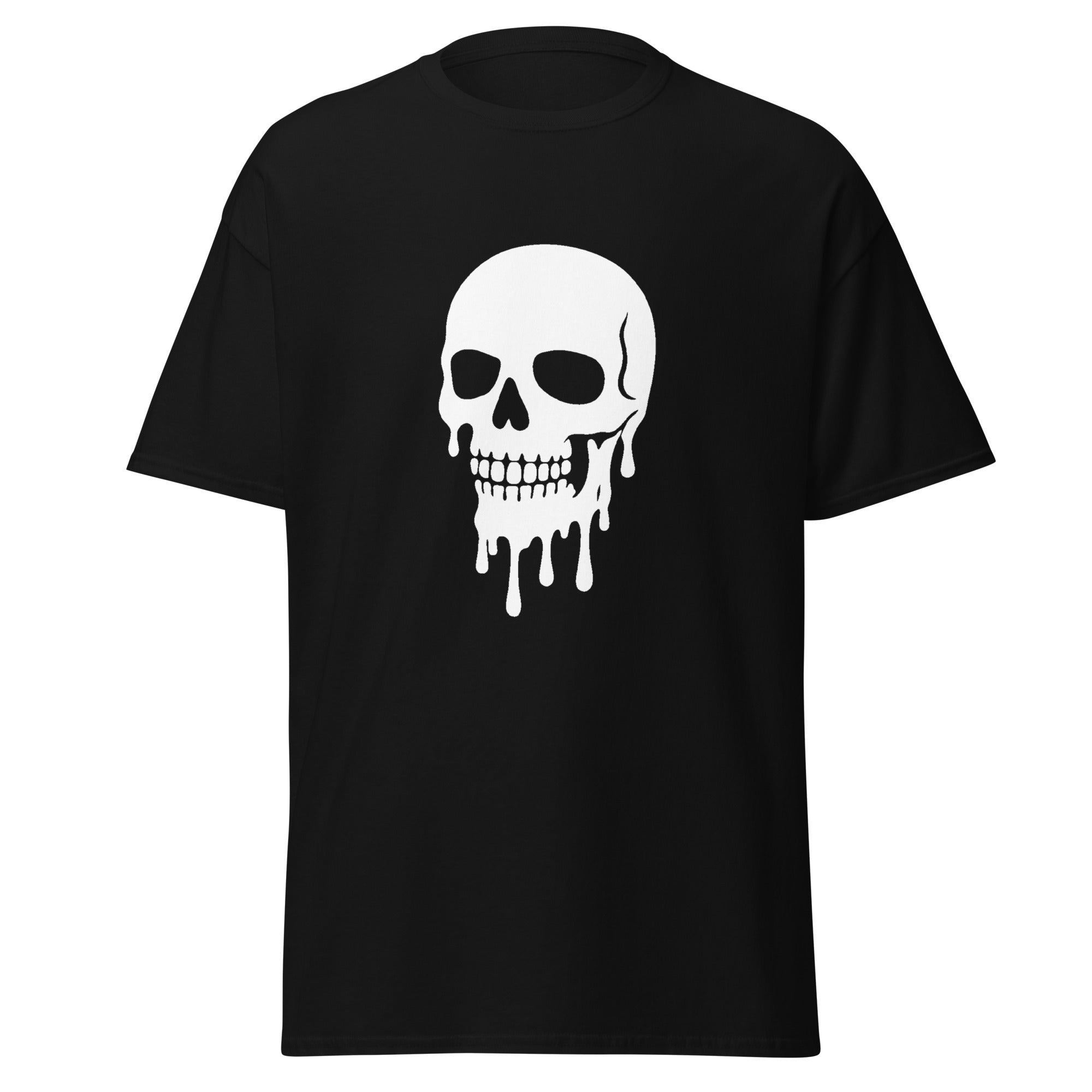 Black t-shirt with a large white graphic of a melting skull dripping downward.