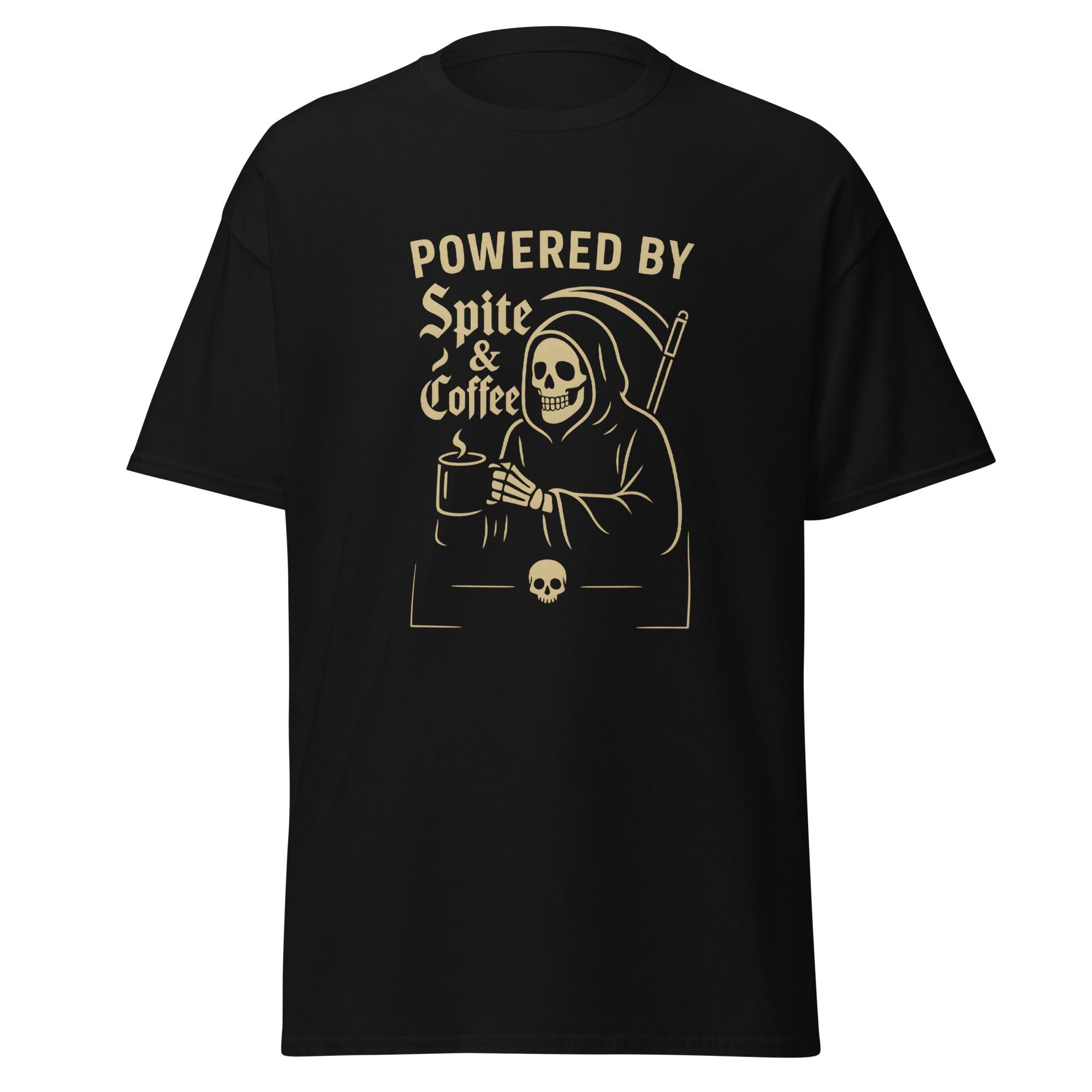 Black t-shirt with a grim reaper graphic holding a coffee cup, with text that says, “Powered by spite & coffee.”