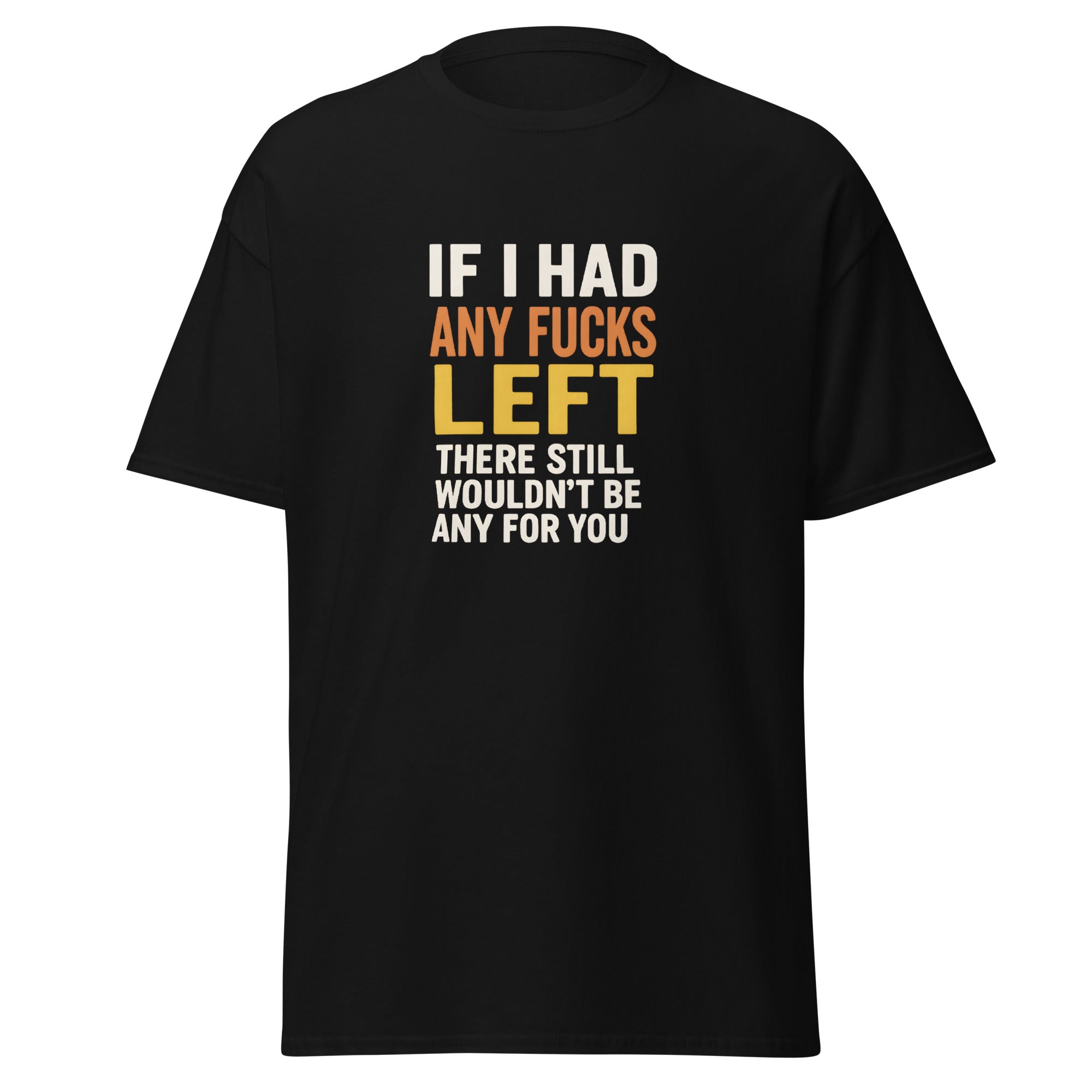 Black t-shirt with funny “No fucks left” design.