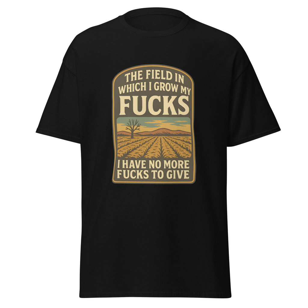 Black t-shirt with funny “no more fucks to give” field design.