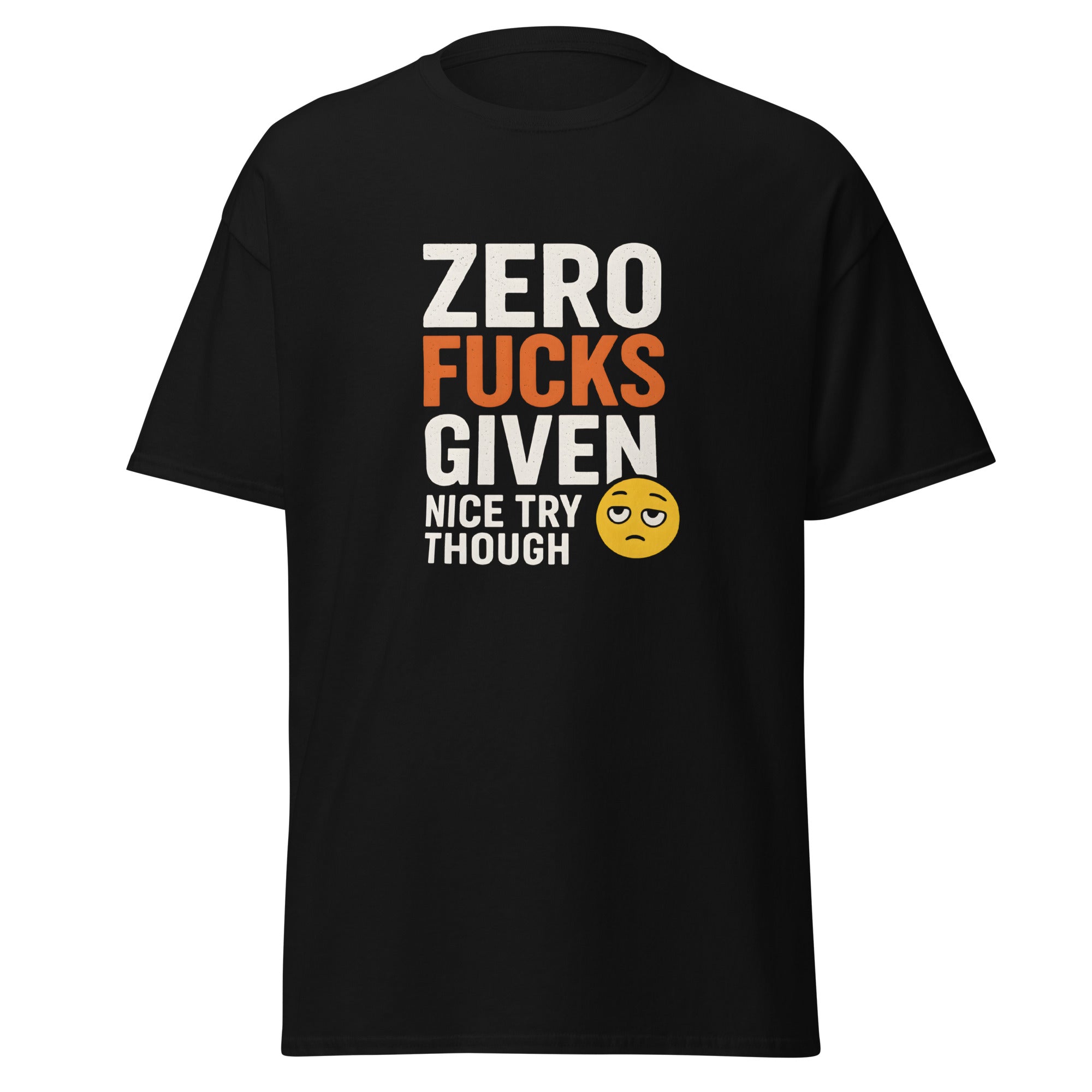 Black t-shirt with funny “Zero fucks given” emoji design.