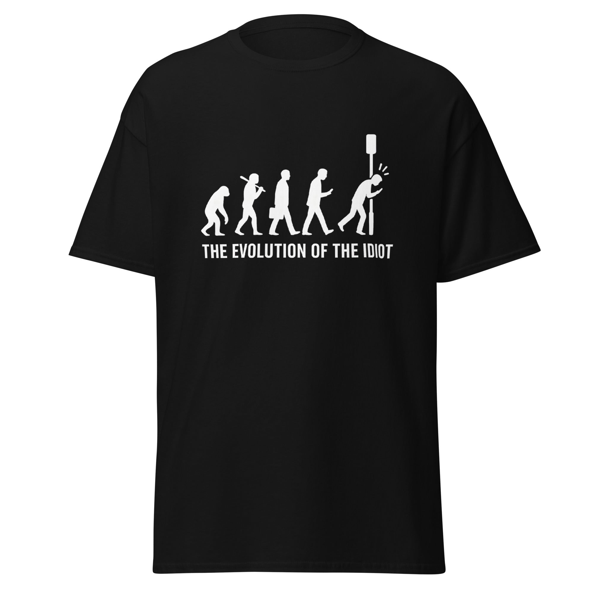 Black t-shirt with a graphic titled “The Evolution of the Idiot,” showing a person walking into a post while on their phone.