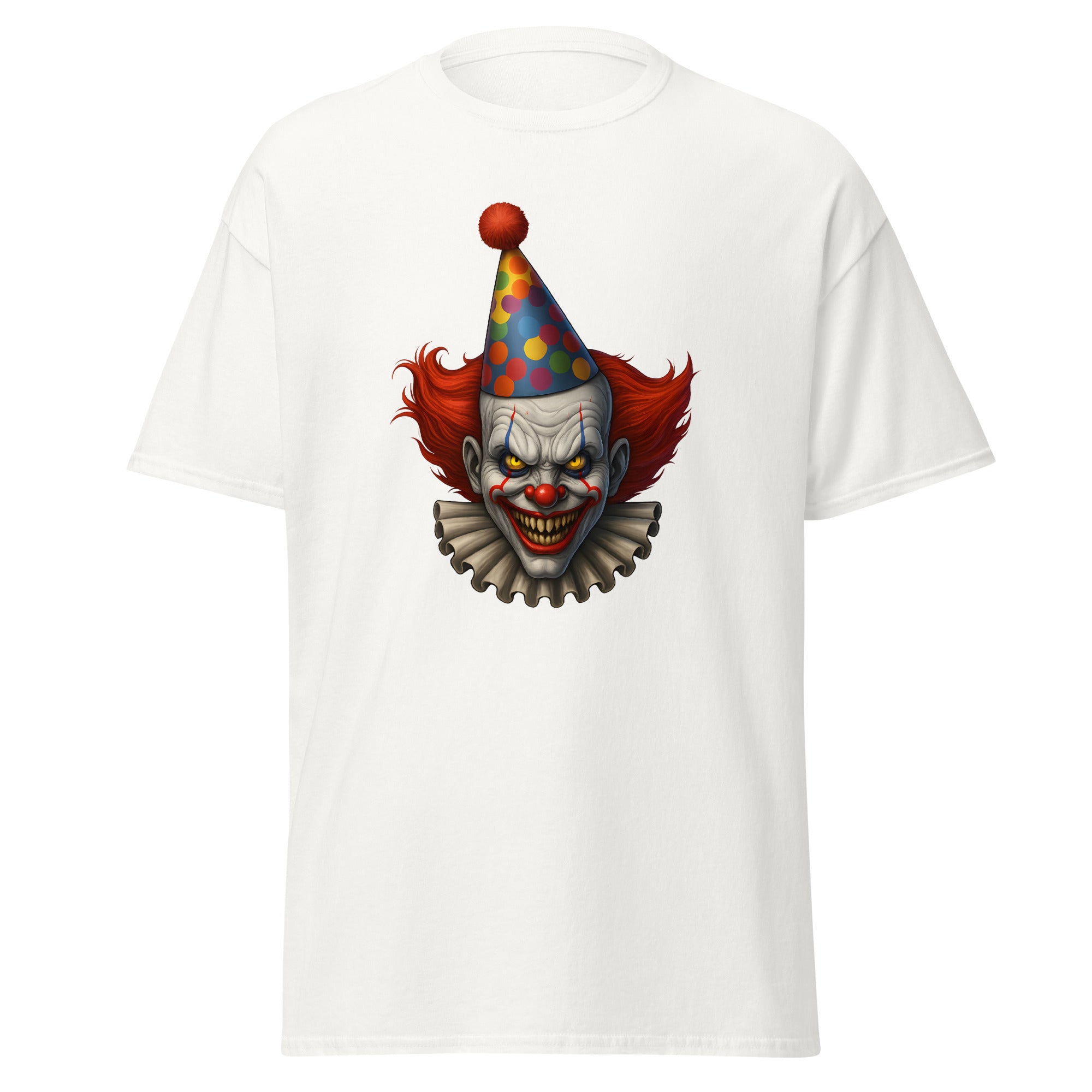 White t-shirt with a creepy clown graphic featuring a sinister grin, red hair, and a colorful polka dot party hat.