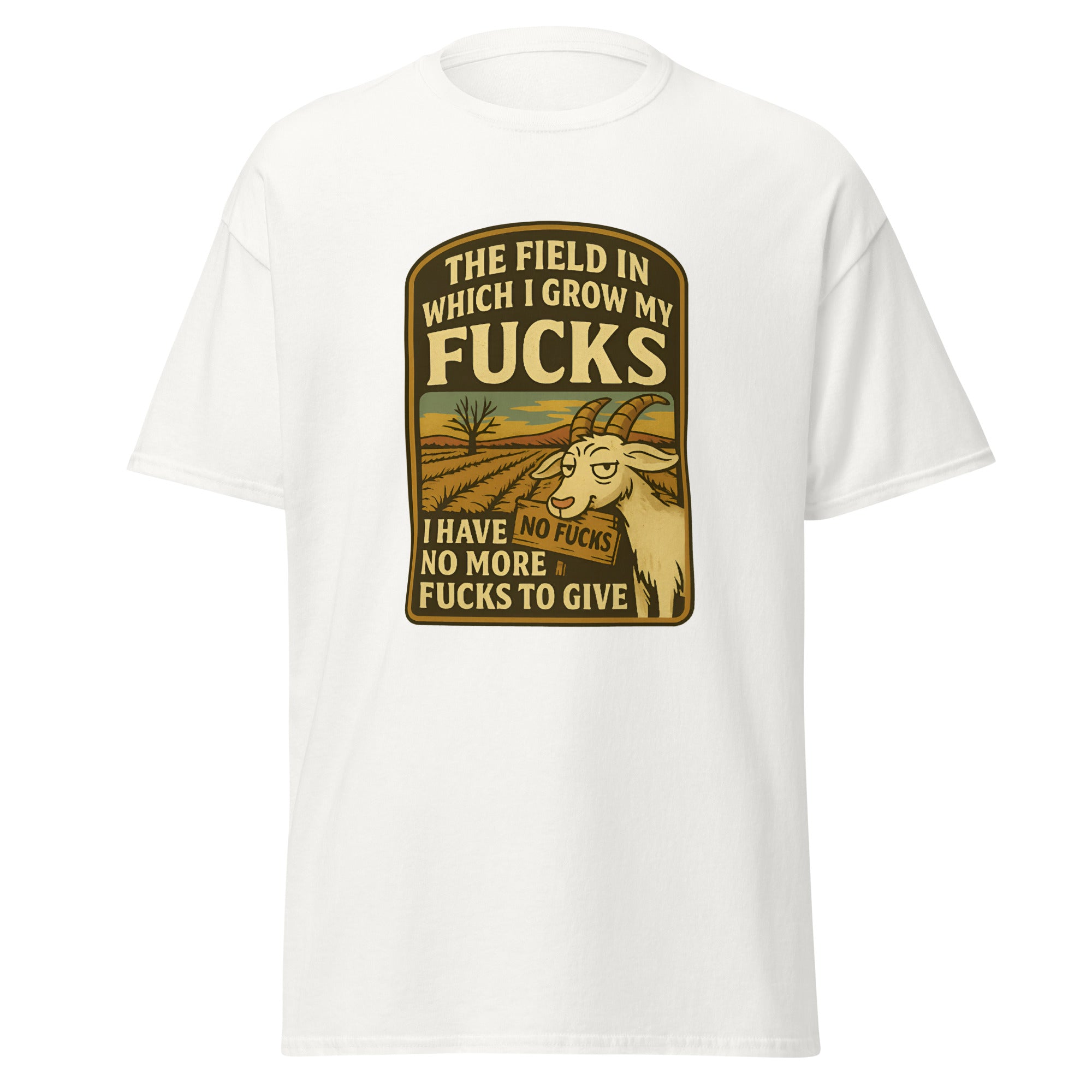 White t-shirt with funny “no more fucks to give” goat design.