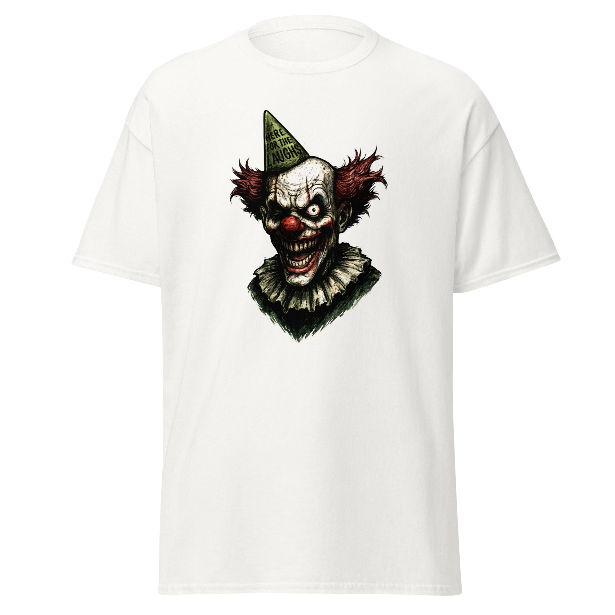 White t-shirt with a creepy clown graphic featuring a wide sinister grin, messy red hair, and a green party hat.