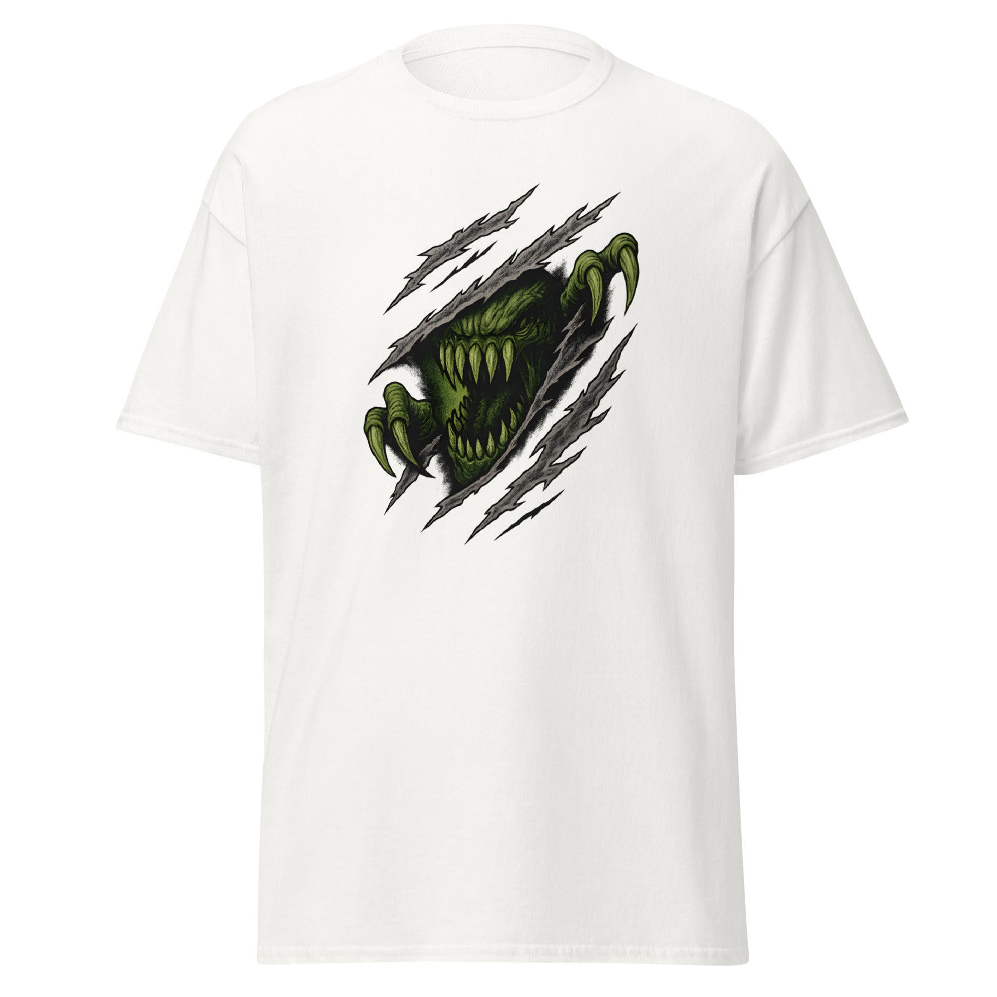 White t-shirt with a graphic of a green monster face and claws tearing through the fabric, surrounded by claw marks.