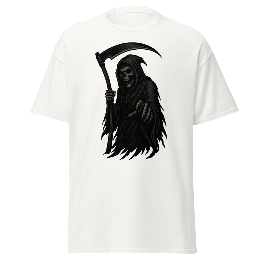 White t-shirt with detailed Grim Reaper graphic holding a scythe, gothic horror design.