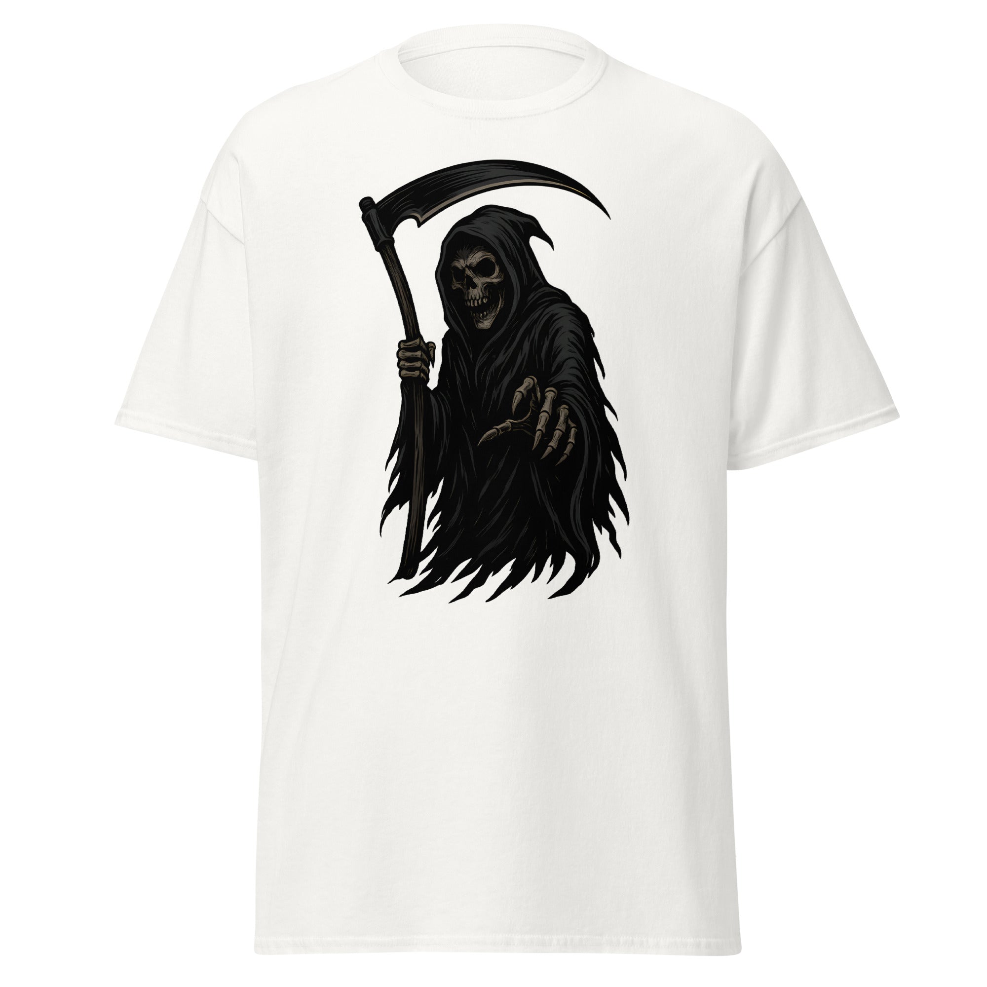 White t-shirt with detailed Grim Reaper graphic holding a scythe, gothic horror design.