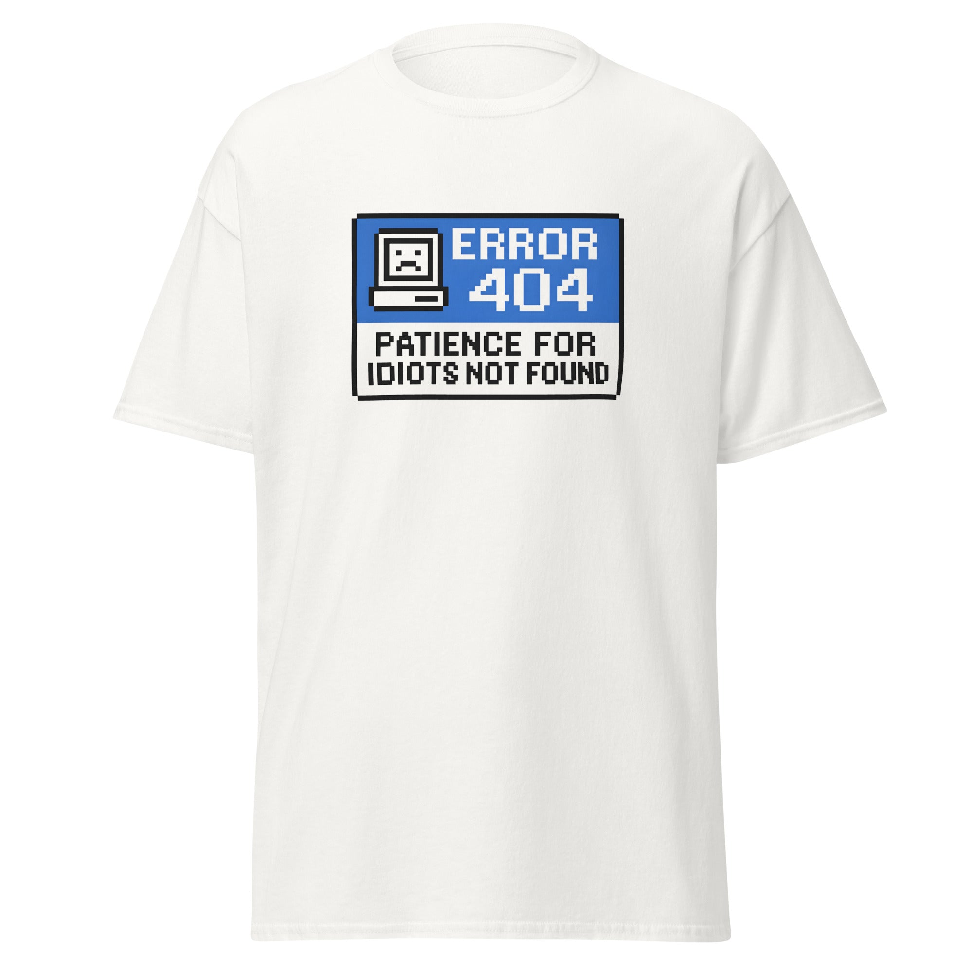 Funny tech t-shirt with “Error 404 – Patience for Idiots Not Found” design in retro computer style.