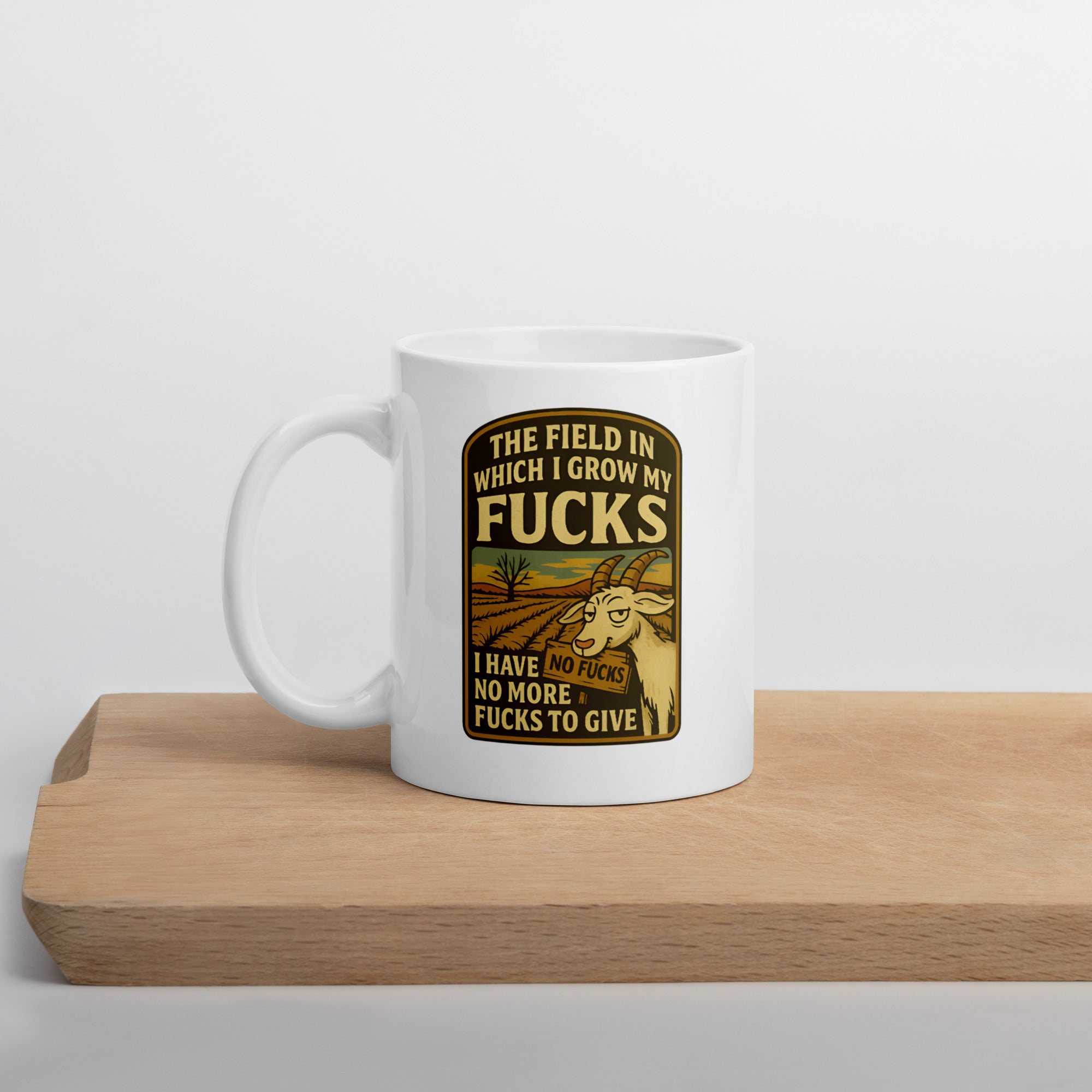 White mug with funny “no more fucks to give” goat design.